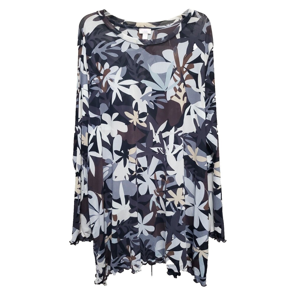 LOGO Layers by Lori Goldstein Mesh Floral Ruffle Trim Long Sleeve Tunic Size 5X